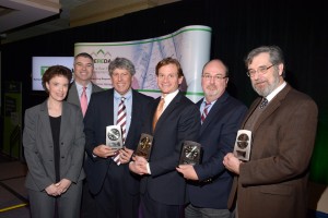 From Left to Right – 2015 MEREDA Recognition Awards were presented by MEREDA Vice President of Operations, Shelly R. Clark, and MEREDA President, Michael O’Reilly, to President’s Award recipient Gary Vogel of Drummond Woodsum, Volunteer of the Year award recipient Drew Sigfridson of CBRE | The Boulos Company, Robert B. Patterson, Jr. Founders’ Award recipient Jamie Whelan of Saco & Biddeford Savings Institution, and Public Policy Award recipient Rick Stauffer of Preti Flaherty.